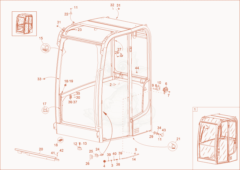 Exploded parts diagram of the CABIN FRAME of a Wacker Neuson EZ28, with numbered balloons