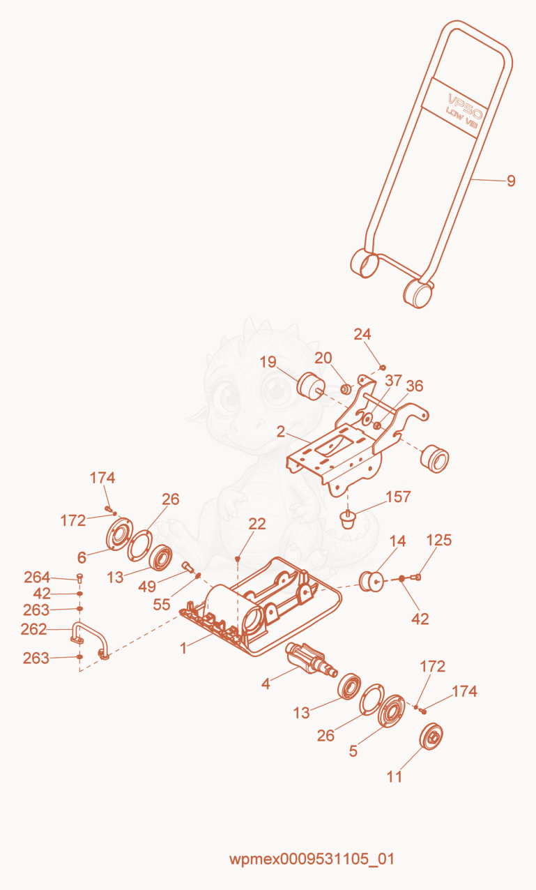 Despiece del Baseplate/Console cpl. de una máquina Wacker Neuson VP50H, con globos numerados
