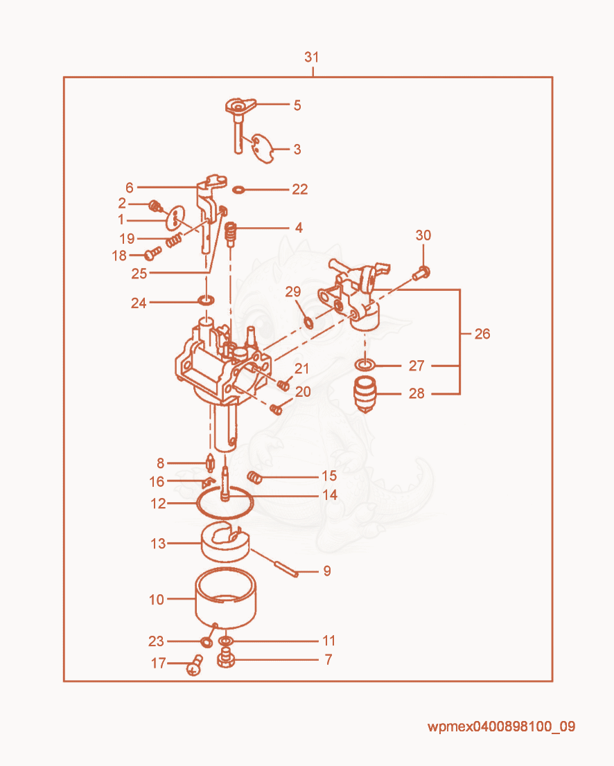 Exploded parts diagram of the Carburetor cpl. of a Wacker Neuson VP1135R-AU, with numbered balloons