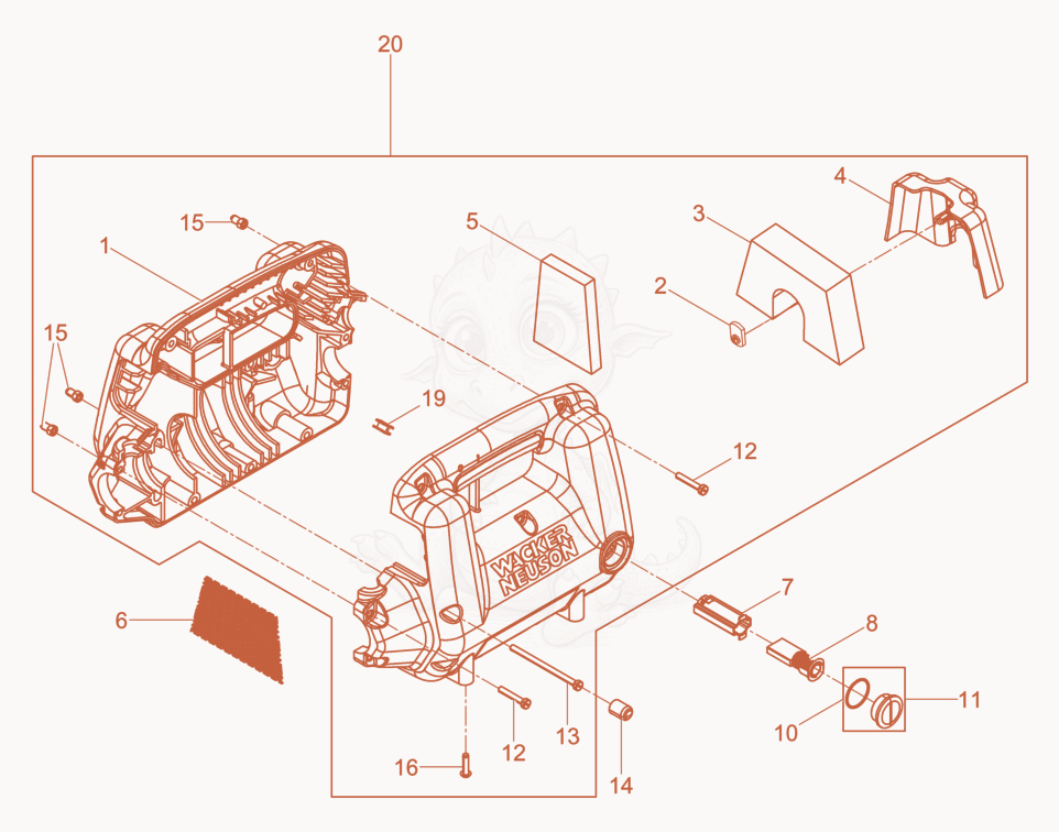 Exploded parts diagram of the Housing cpl. of a Wacker Neuson M3000/230/RFI, with numbered balloons