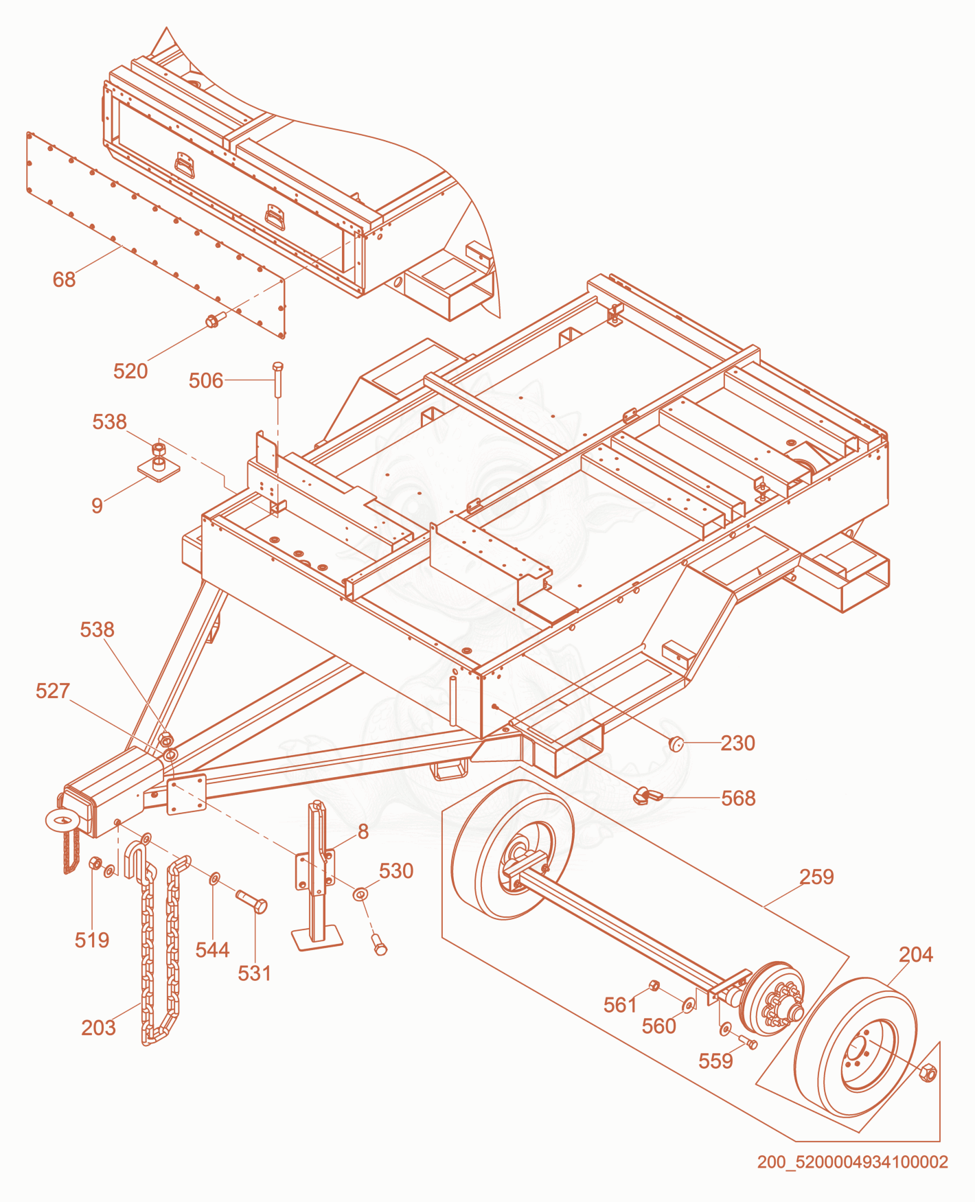 Exploded parts diagram of the Trailer Frame of a Wacker Neuson HI770XHD, with numbered balloons