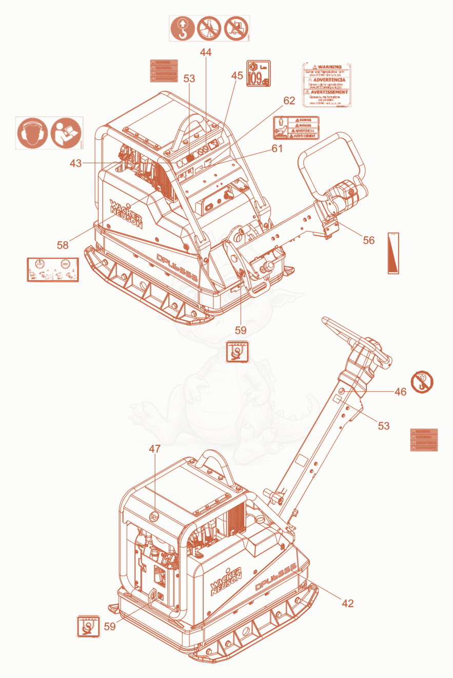 Exploded parts diagram of the Labels of a Wacker Neuson DPU6555HEHUS, with numbered balloons