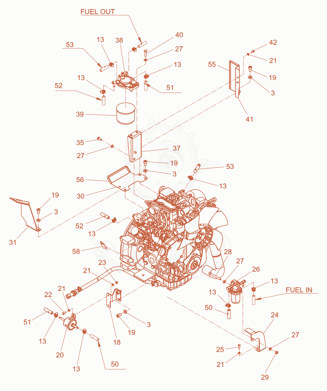 Exploded parts diagram of the engine cpl. of a Wacker Neuson LTN5YUK, with numbered balloons