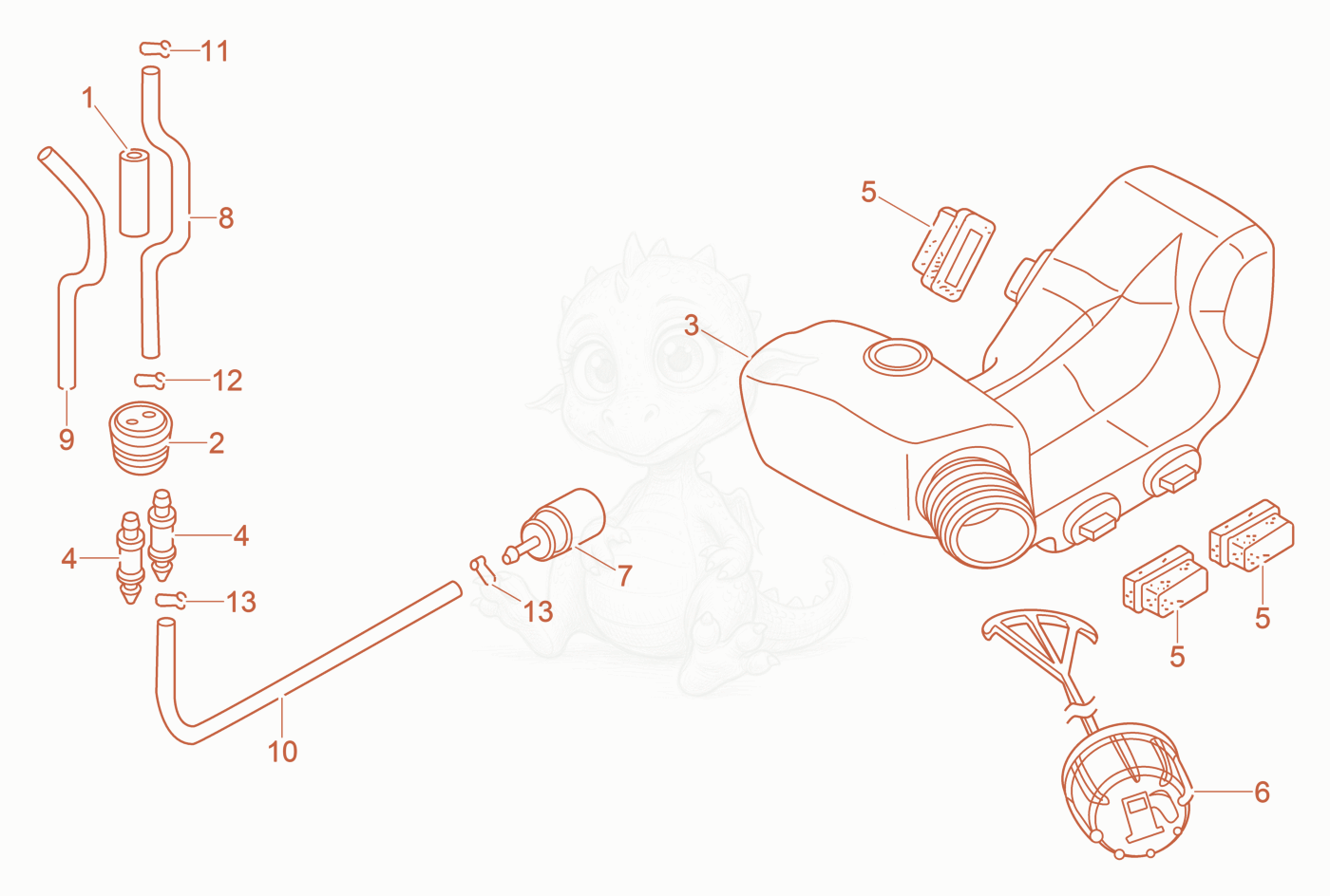 Exploded parts diagram of the Fuel Tank of a Wacker Neuson P35A, with numbered balloons