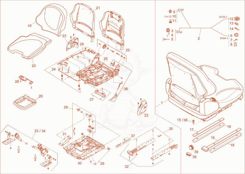 Exploded parts diagram of the DRIVER SEAT of a Wacker Neuson DW20, with numbered balloons