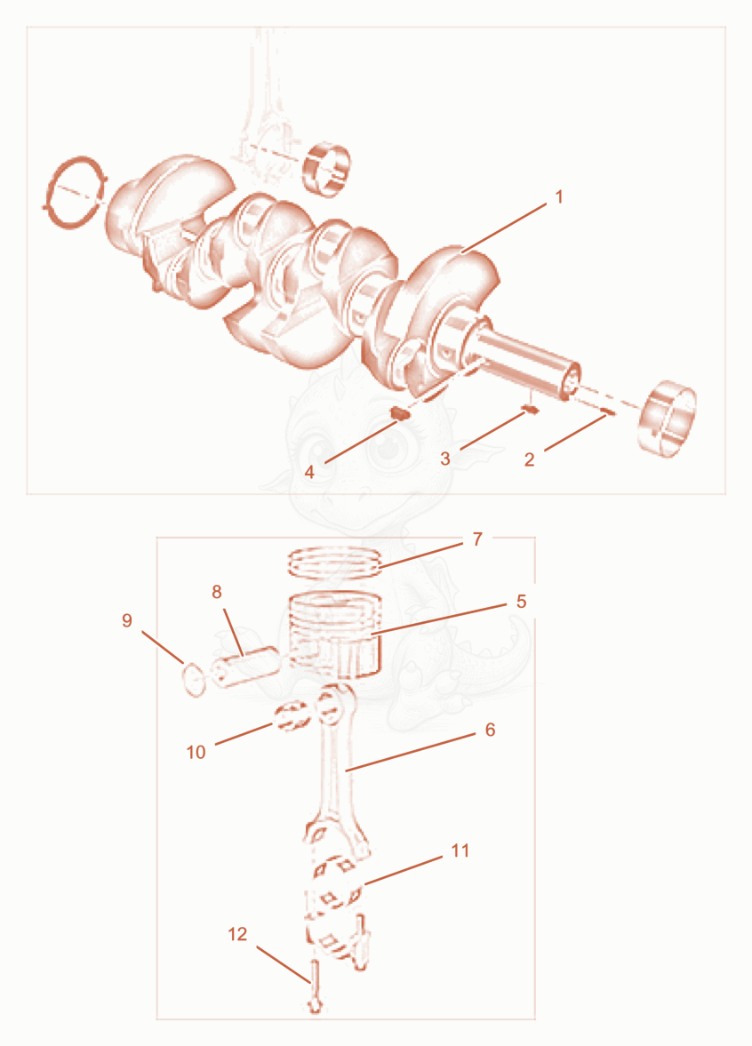 Despiece del CRANKSHAFT AND PISTON de una máquina Wacker Neuson PT6LT, con globos numerados