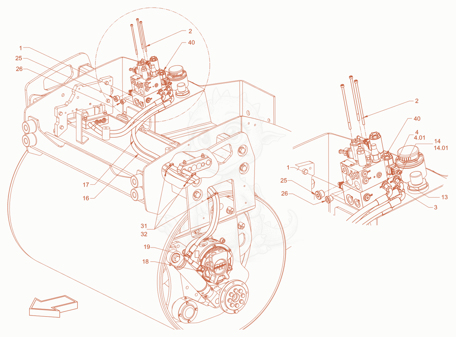 Exploded parts diagram of the hydraulic equipment of a Wacker Neuson RD28-120CCN, with numbered balloons