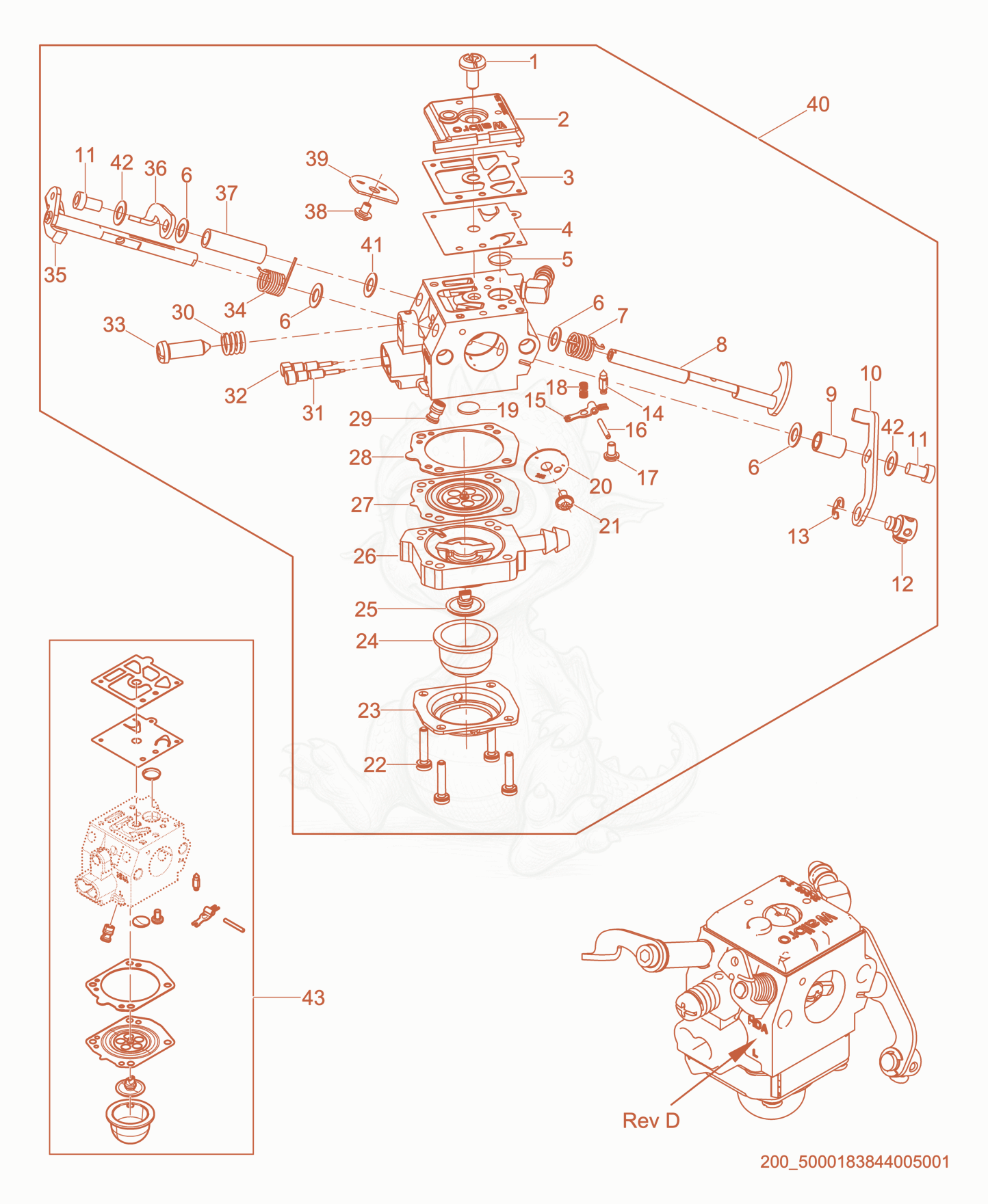 Exploded parts diagram of the Carburetor cpl. Rev-D of a Wacker Neuson BS65-V, with numbered balloons