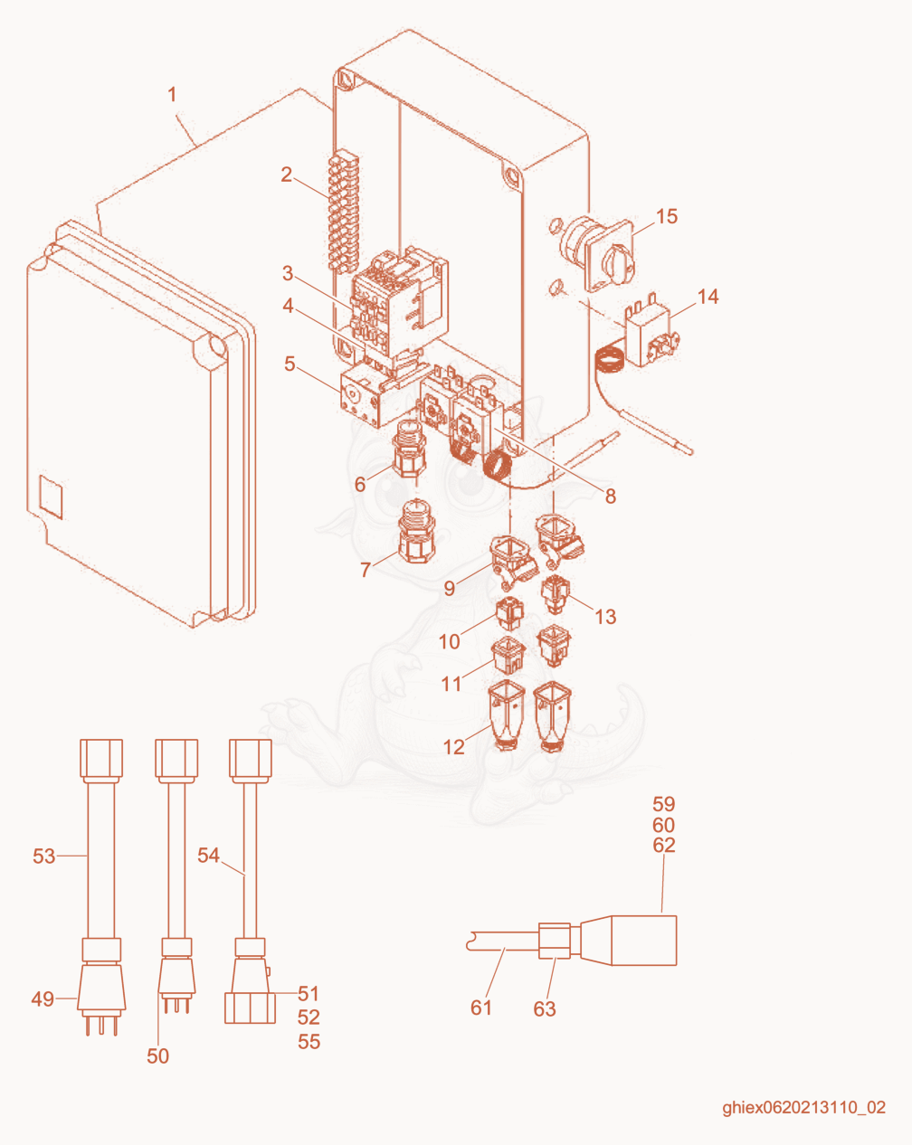 Exploded parts diagram of the Control Box cpl. of a Wacker Neuson CUB700, with numbered balloons
