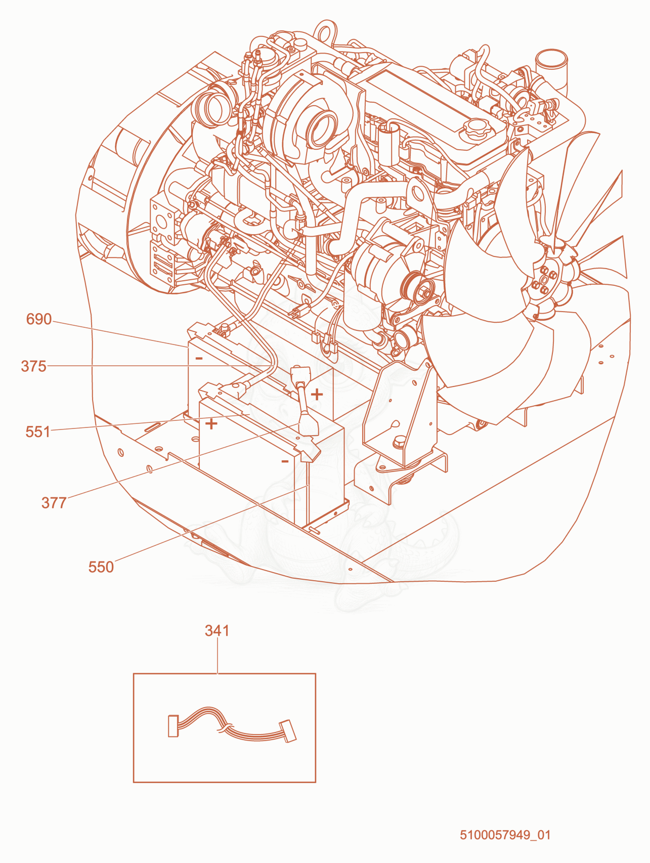 Exploded parts diagram of the Battery of a Wacker Neuson G230, with numbered balloons