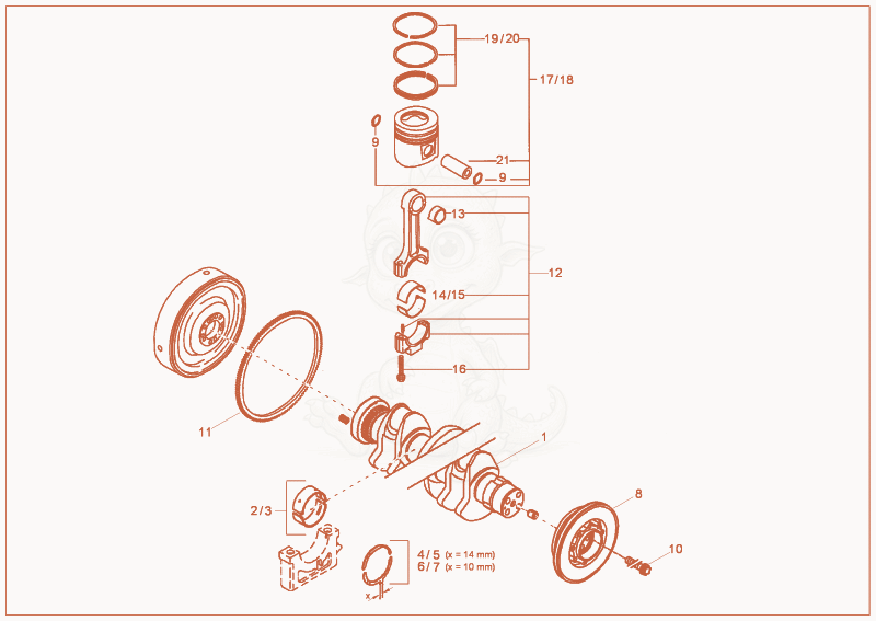 Despiece del crankshaft, piston de una máquina Wacker Neuson 14504, con globos numerados