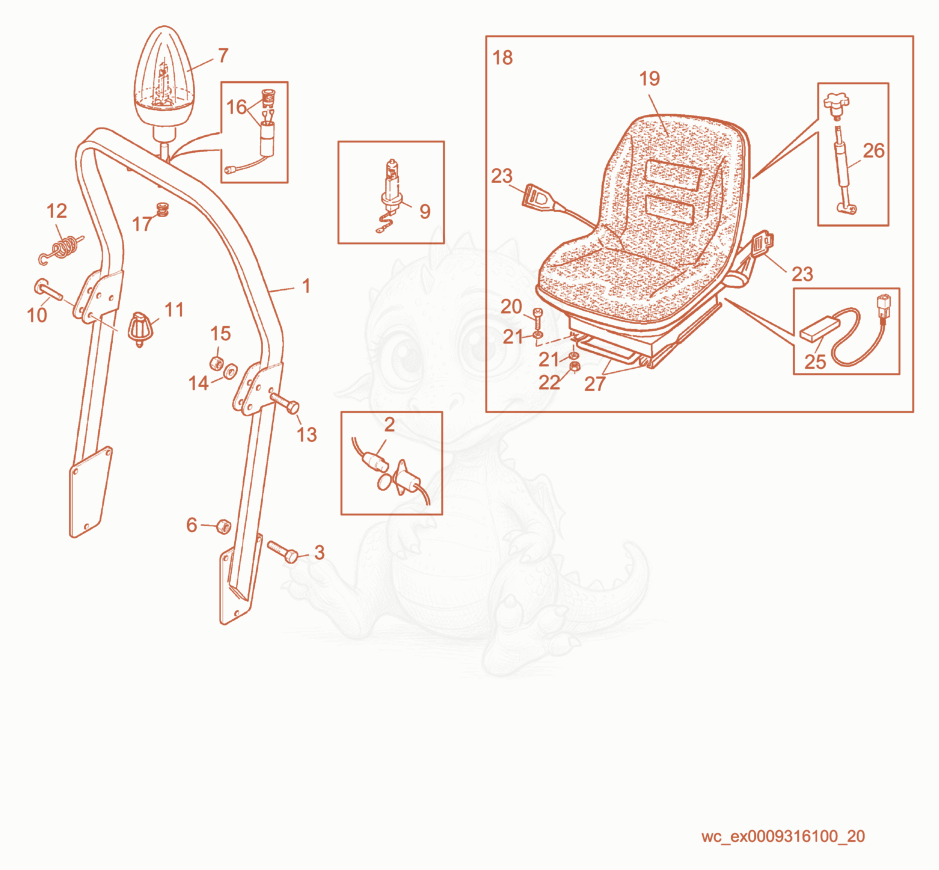 Exploded parts diagram of the ROPS Protection/Seat Unit of a Wacker Neuson RD15, with numbered balloons