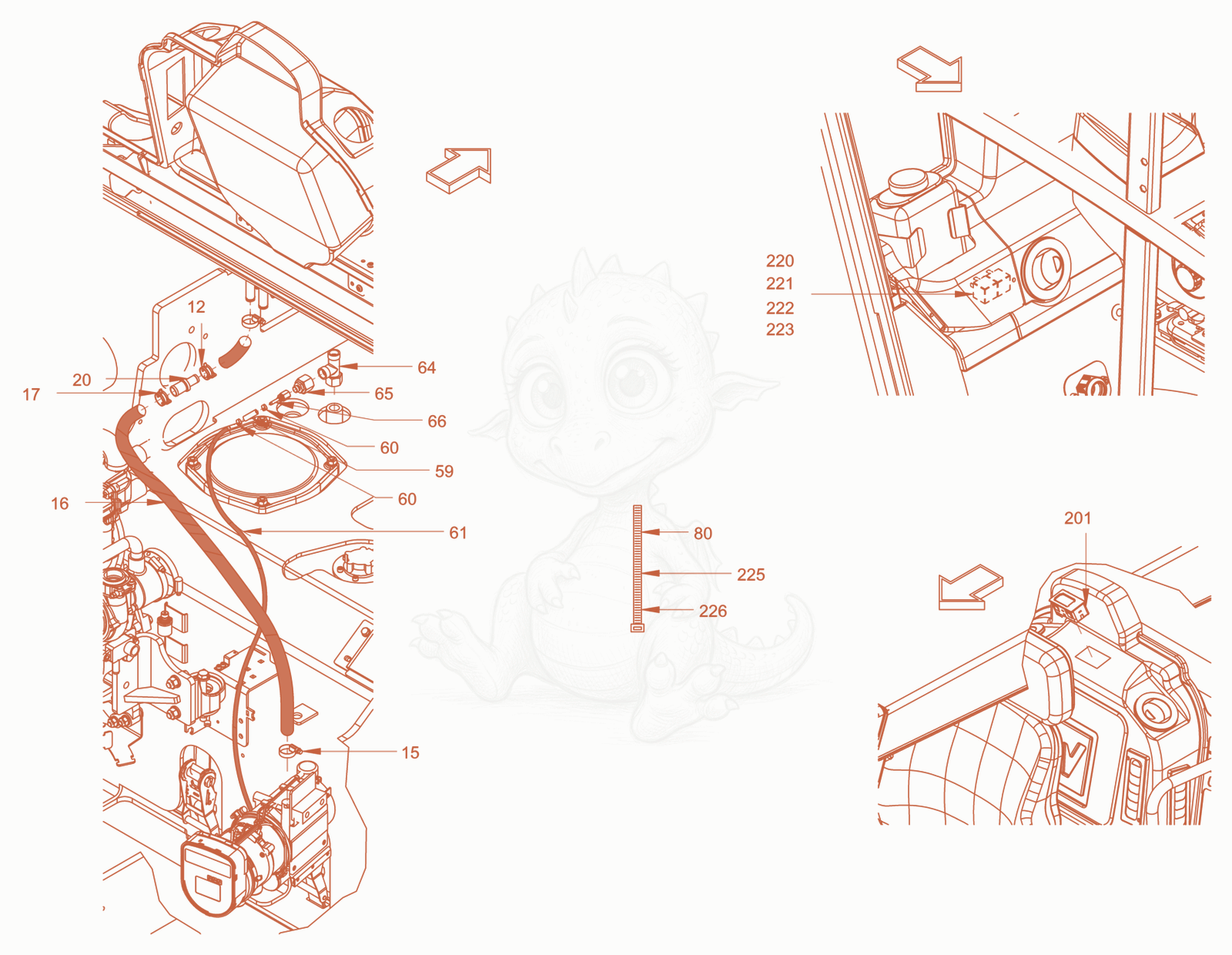 Exploded parts diagram of the park heating of a Wacker Neuson RC110PUSROPS, with numbered balloons