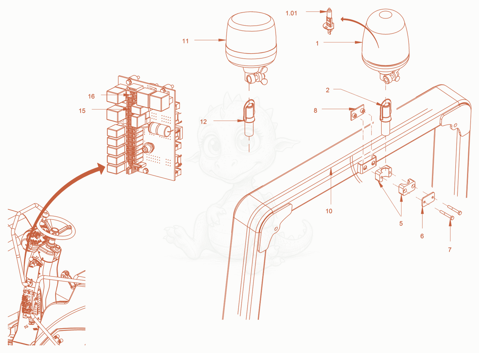 Exploded parts diagram of the rotary beacon (rops) of a Wacker Neuson RD24-100.3, with numbered balloons