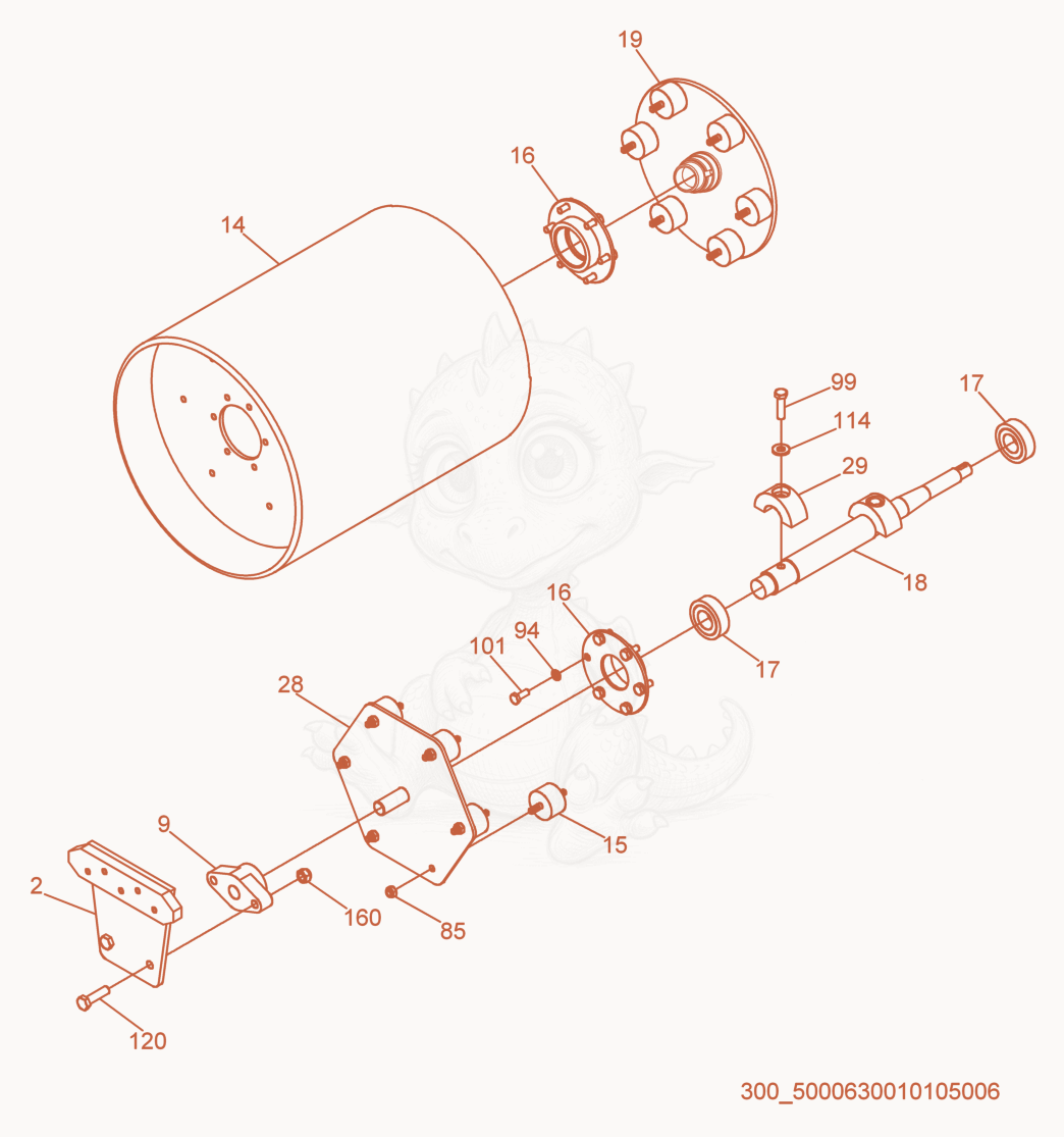 Despiece del Drum cpl. de una máquina Wacker Neuson RS600A, con globos numerados
