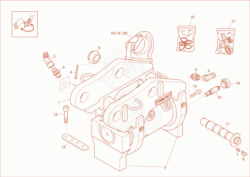 Exploded parts diagram of the Powertlit lift hook (Option) of a Wacker Neuson EZ26, with numbered balloons