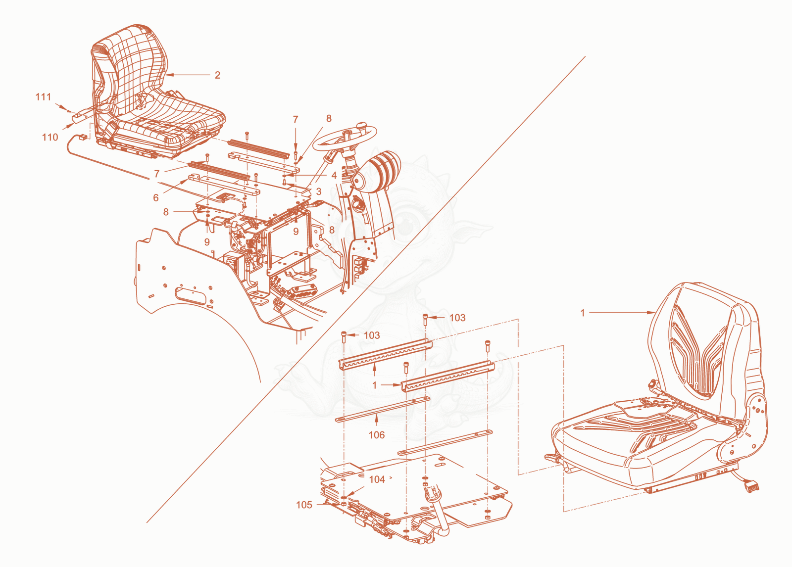 Exploded parts diagram of the operator's seat withadjustment of a Wacker Neuson RD24-100OUS, with numbered balloons