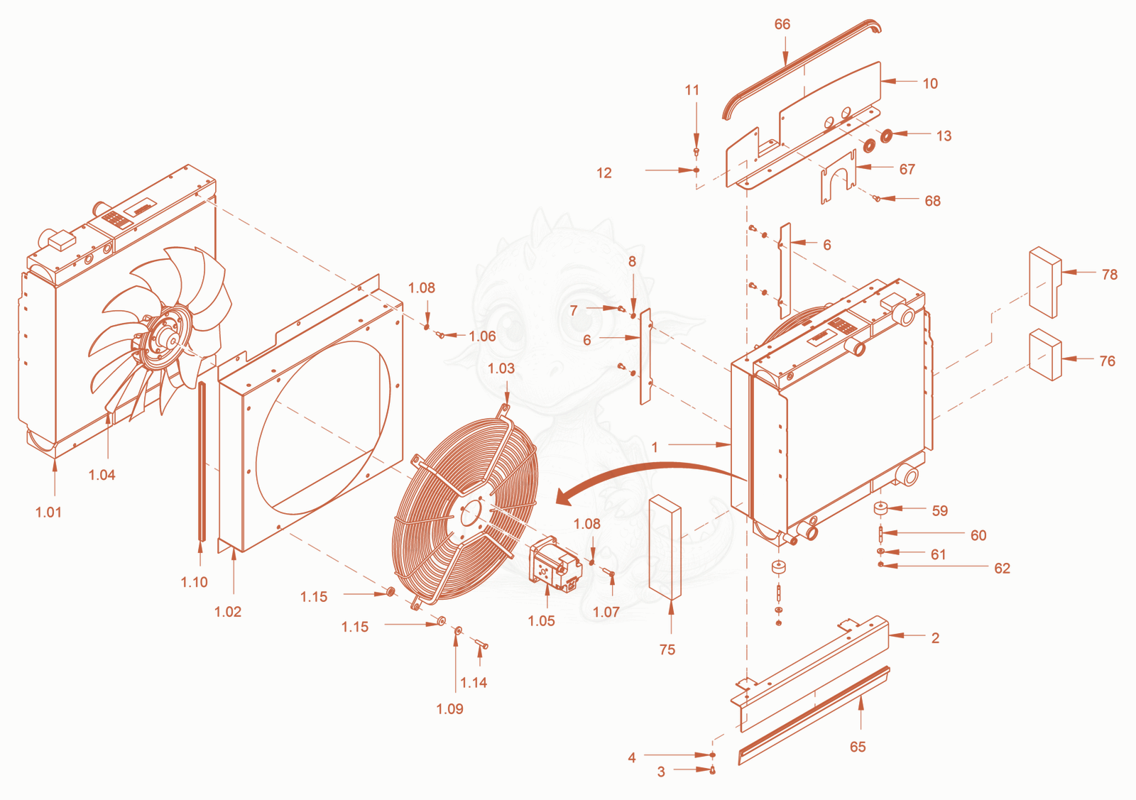 Exploded parts diagram of the Cooling (Engine/Hydraulic oil) of a Wacker Neuson RC70VOUS, with numbered balloons