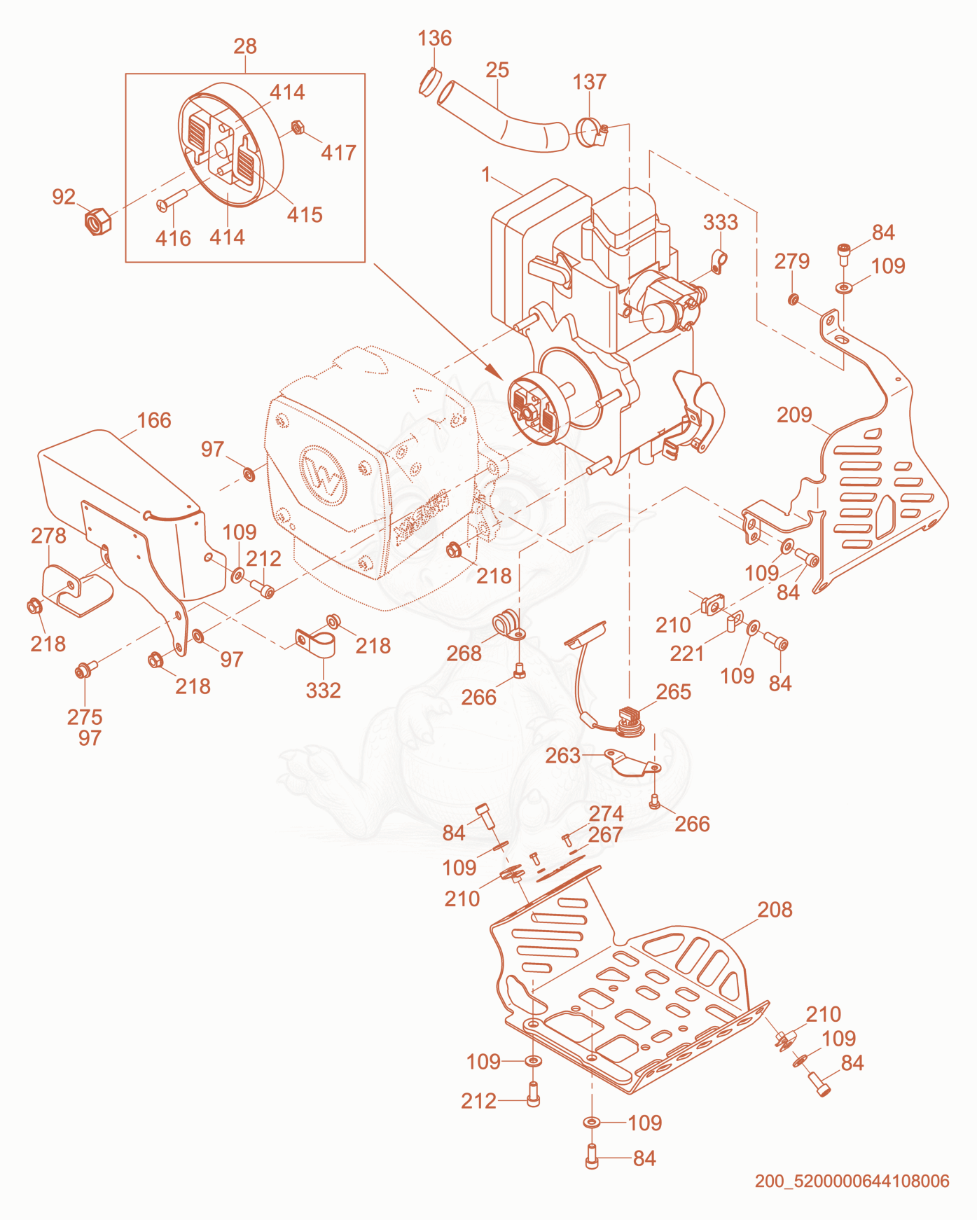 Exploded parts diagram of the Engine Guarding of a Wacker Neuson BS50-4S, with numbered balloons