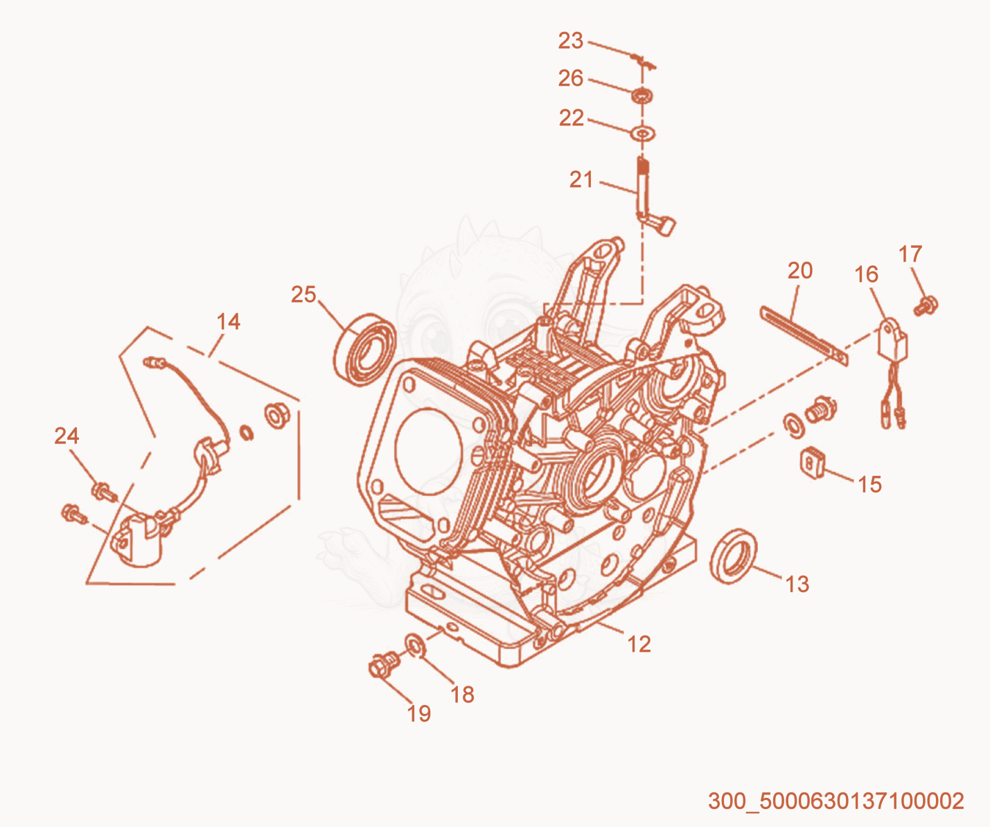 Exploded parts diagram of the Crankcase of a Wacker Neuson MG5, with numbered balloons