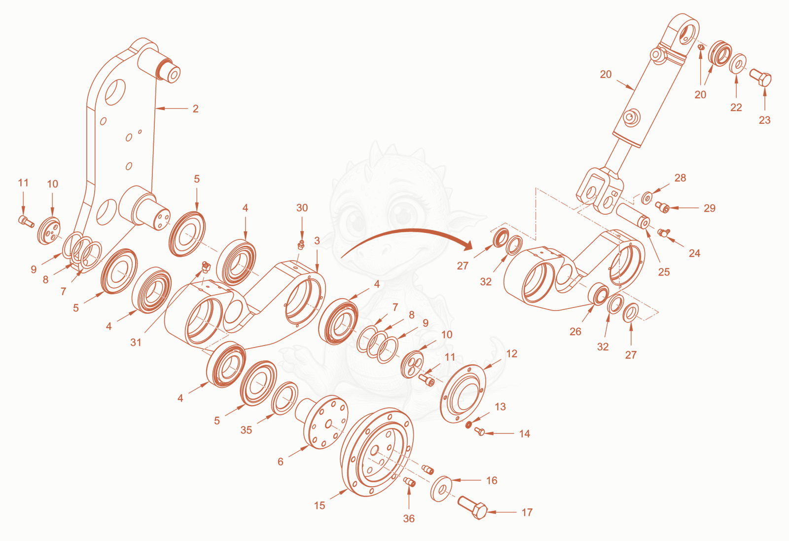 Exploded parts diagram of the edge pressing and cuttingdevice of a Wacker Neuson RD24-100CE, with numbered balloons