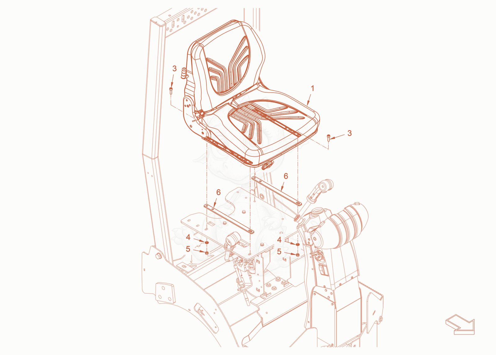Exploded parts diagram of the operator's seat with adjustment of a Wacker Neuson RD18-100C, with numbered balloons