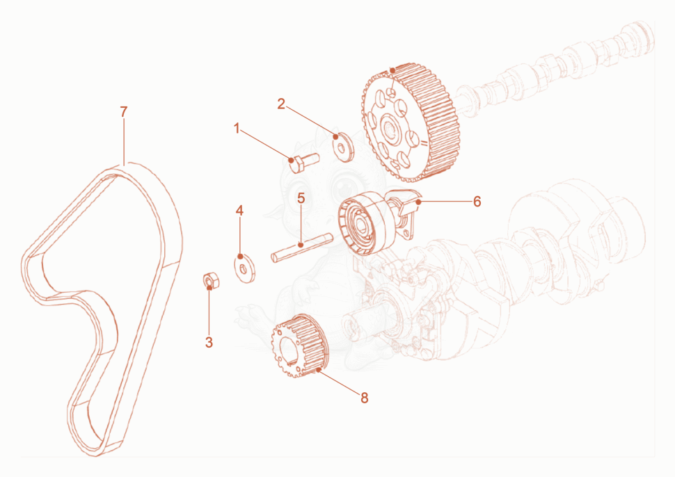 Despiece del timing belt de una máquina Wacker Neuson DPU90RLEM770US, con globos numerados