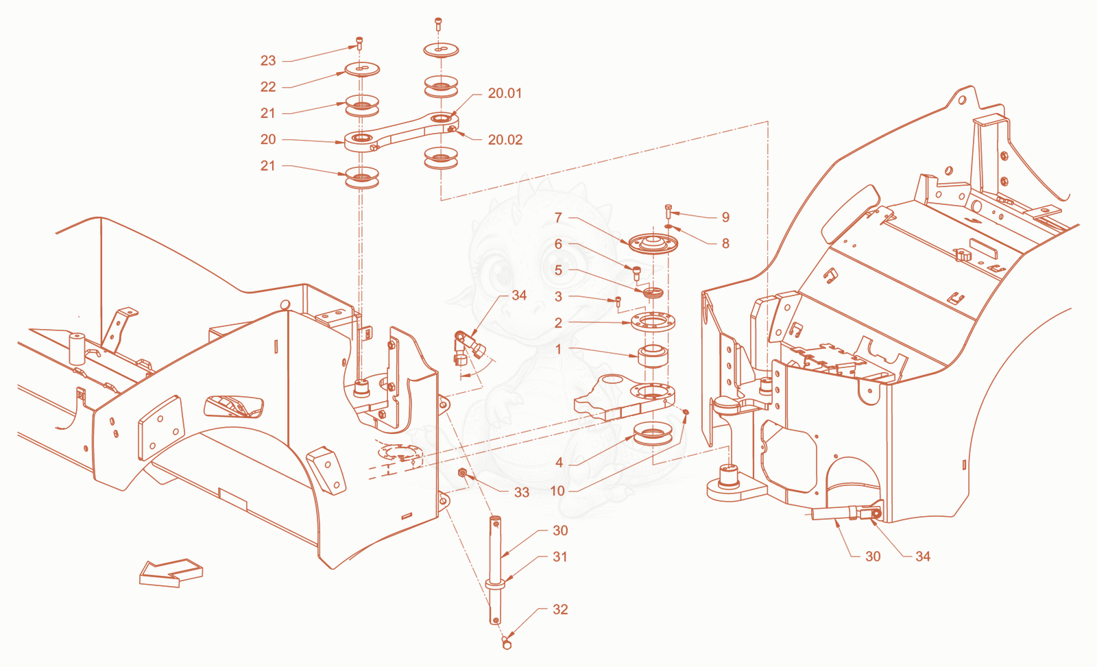 Exploded parts diagram of the centre pivot assembly of a Wacker Neuson RD18-100C.3, with numbered balloons