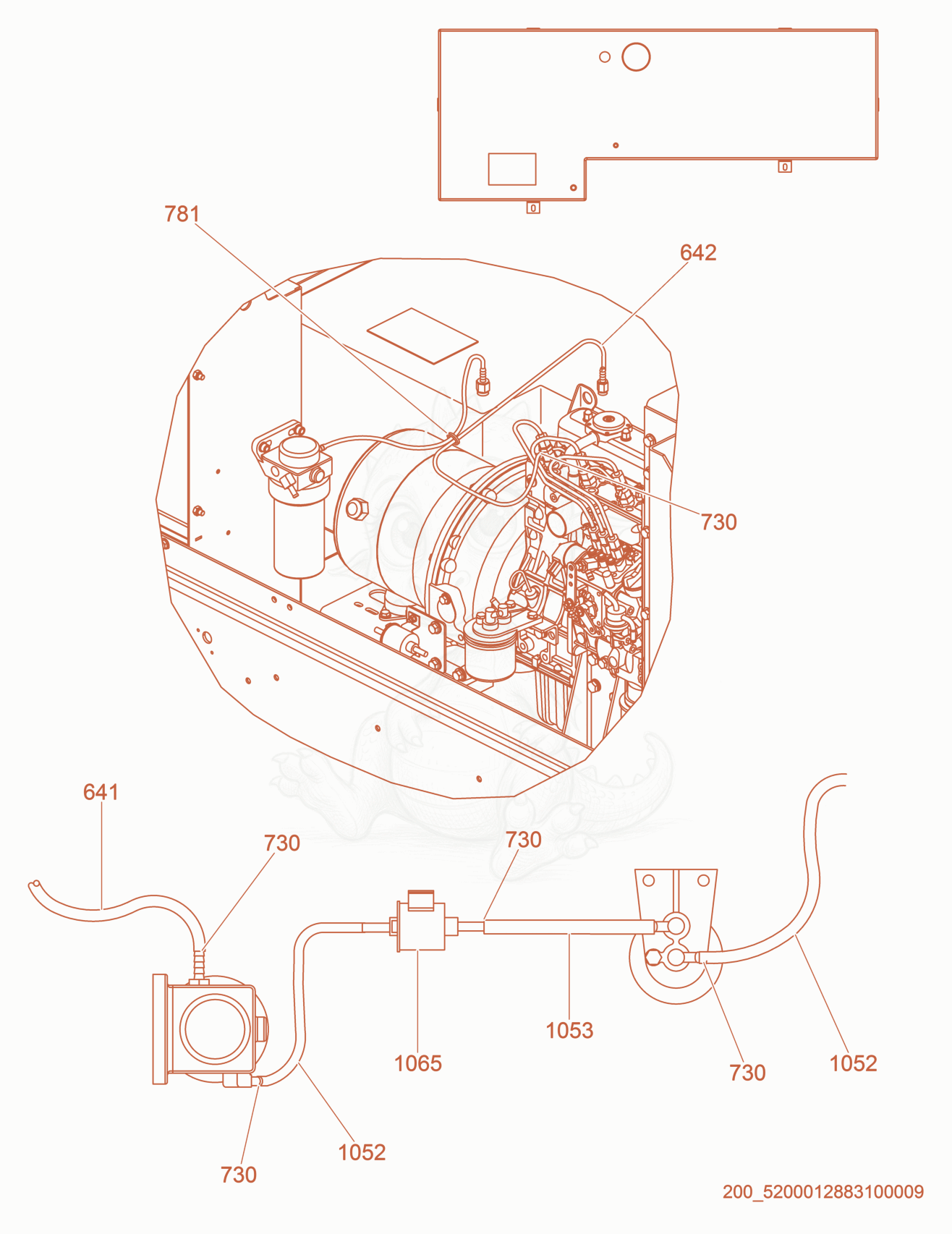 Despiece del Fuel Hose Routing de una máquina Wacker Neuson LTW6K-VS, con globos numerados