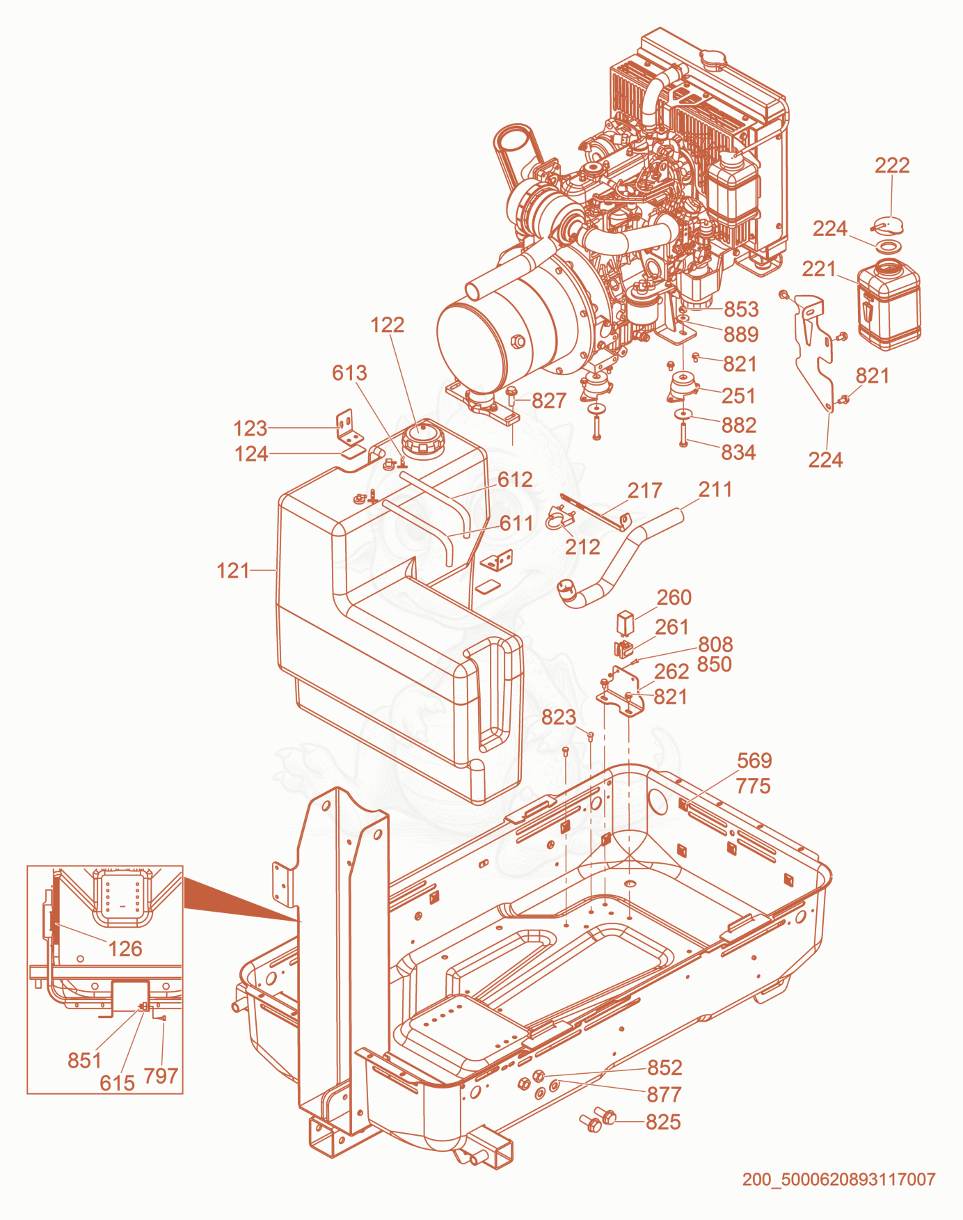 Exploded parts diagram of the Fuel Tank/Engine of a Wacker Neuson LTN8K-LT, with numbered balloons