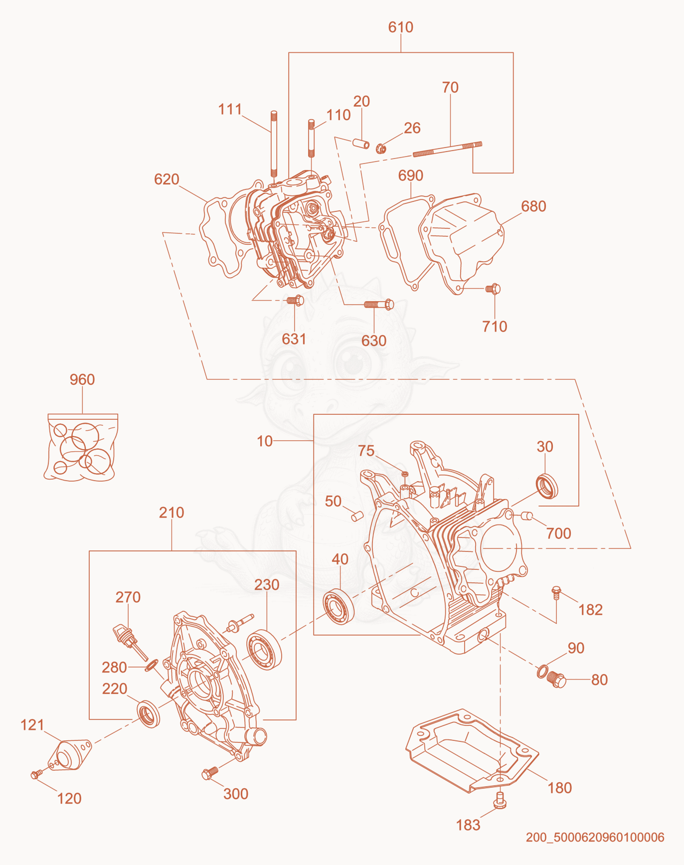 Despiece del Crankcase cpl. de una máquina Wacker Neuson GPI3200, con globos numerados