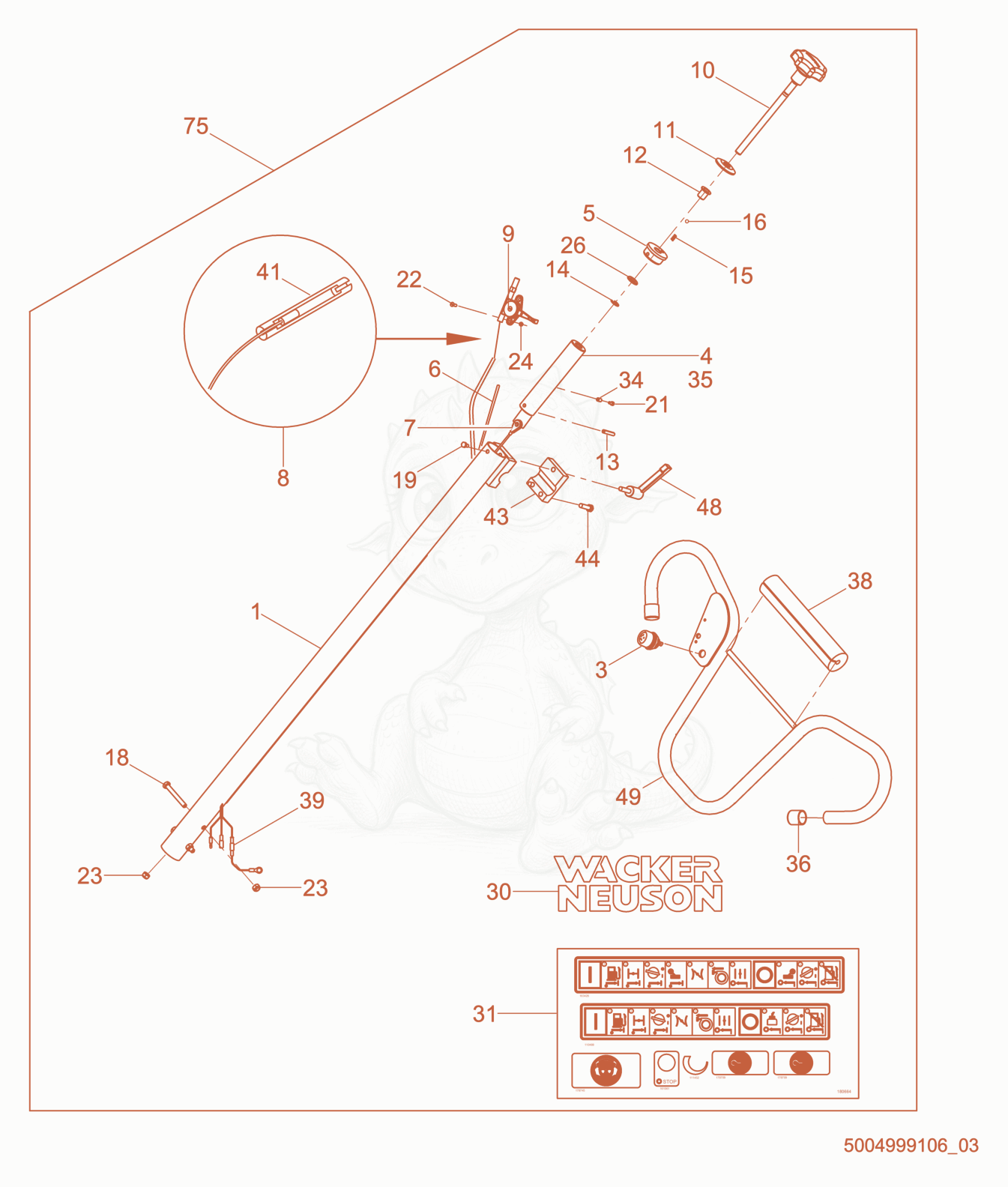 Exploded parts diagram of the Adjustable Twist Pitch TrowelHandle of a Wacker Neuson CT48-13A-V, with numbered balloons