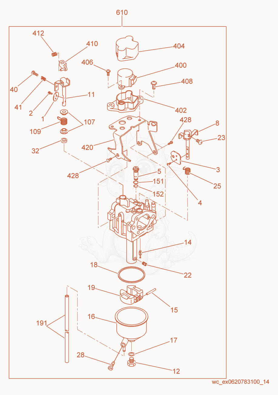 Exploded parts diagram of the Carburetor cpl. of a Wacker Neuson GPSI4300, with numbered balloons