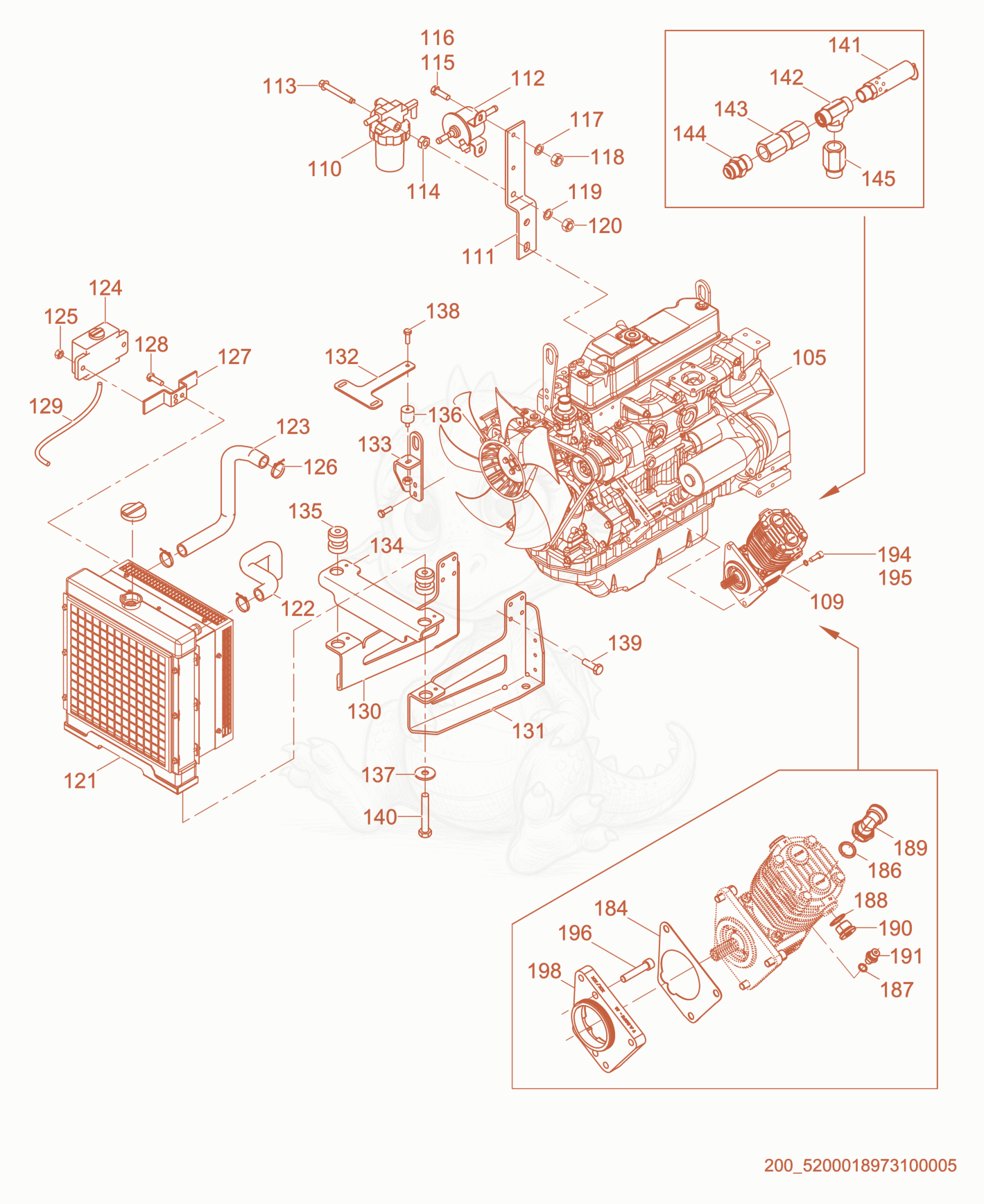 Exploded parts diagram of the Engine/Radiator of a Wacker Neuson APT4T, with numbered balloons