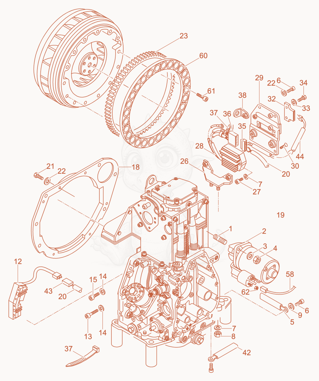 Exploded parts diagram of the Starter-Generator of a Wacker Neuson DPU5045H, with numbered balloons