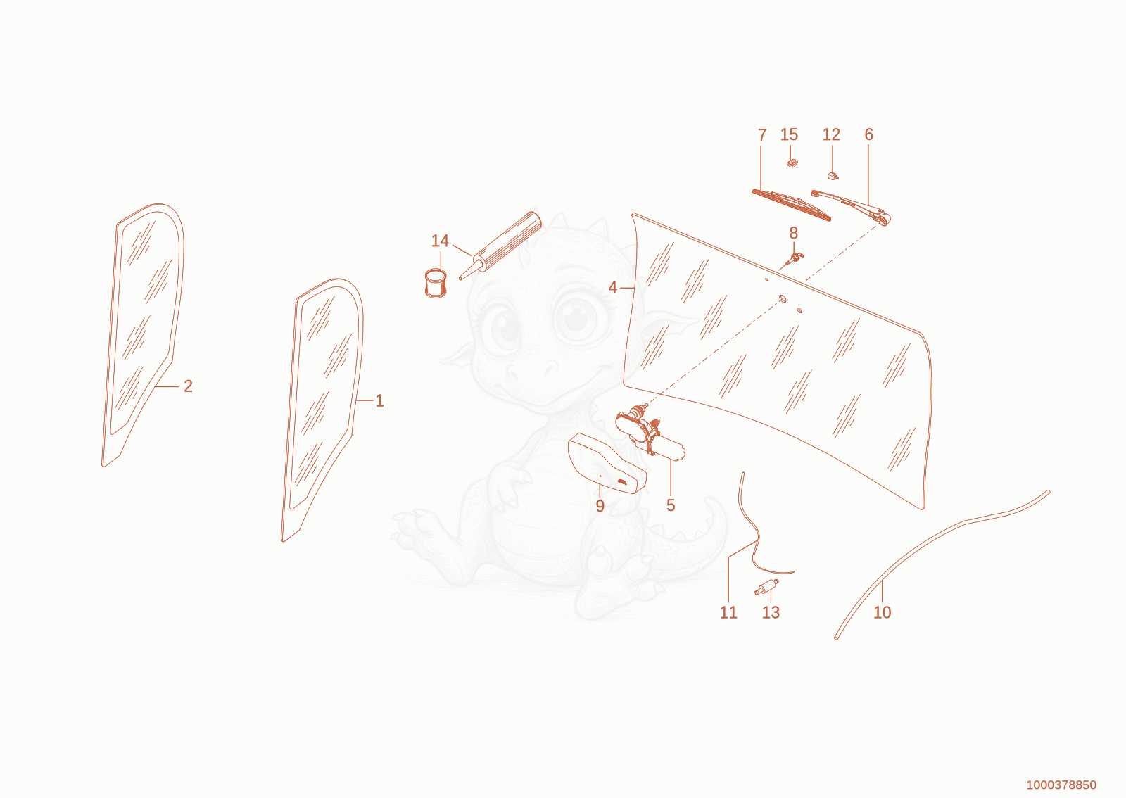 Exploded parts diagram of the rear window of a Wacker Neuson WL70STAGEV, with numbered balloons