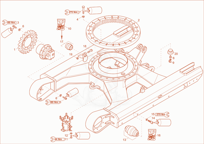 Despiece del undercarriage de una máquina Wacker Neuson EZ53, con globos numerados
