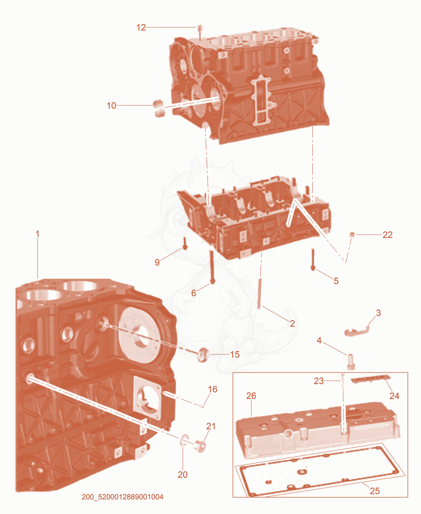 Exploded parts diagram of the Crankcase cpl. of a Wacker Neuson CRT60-74L, with numbered balloons