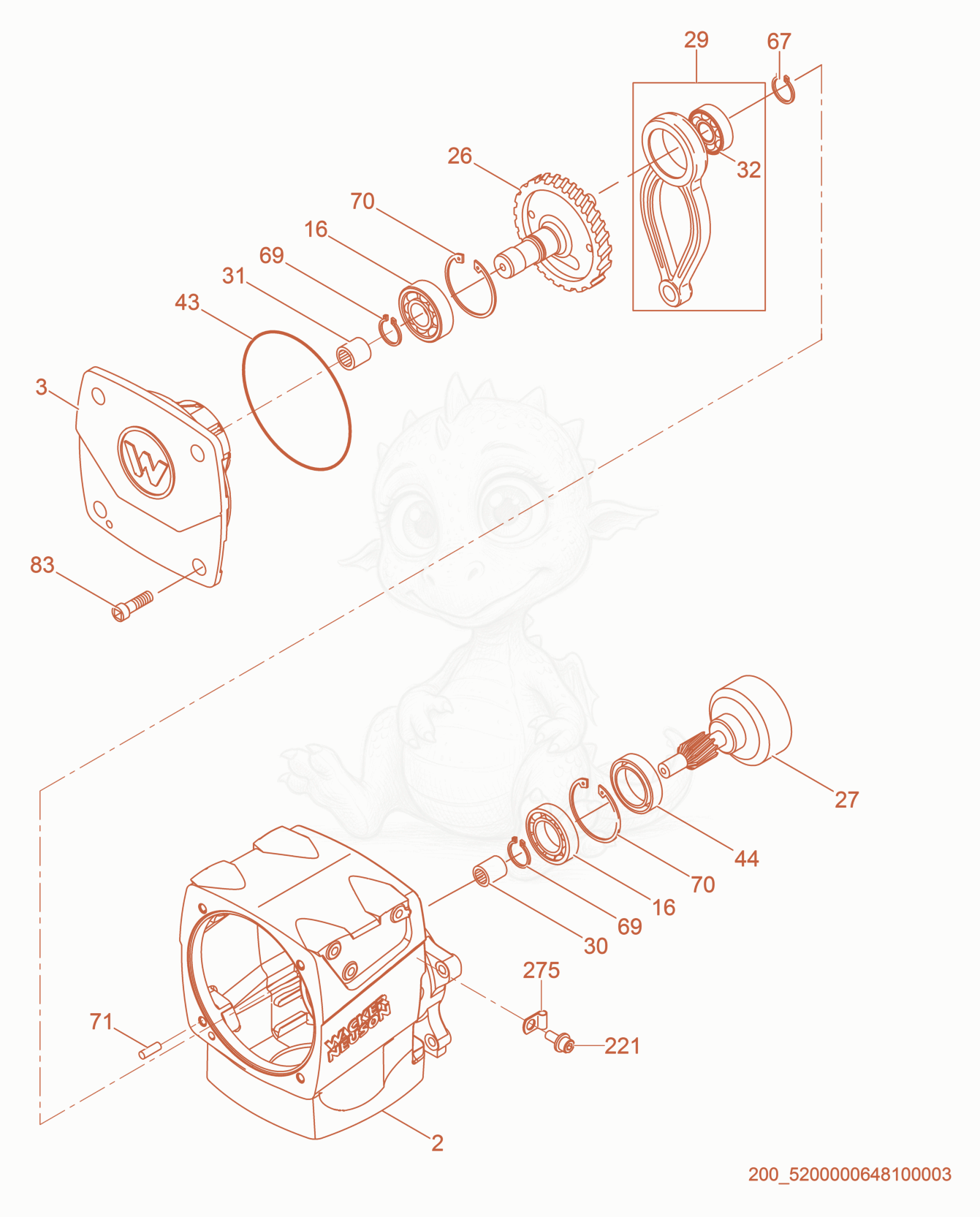 Exploded parts diagram of the Crankcase cpl. of a Wacker Neuson BS60-4, with numbered balloons