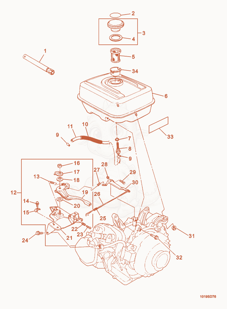 Exploded parts diagram of the Fuel Tank/Throttle Control of a Wacker Neuson CT36AGP-E, with numbered balloons