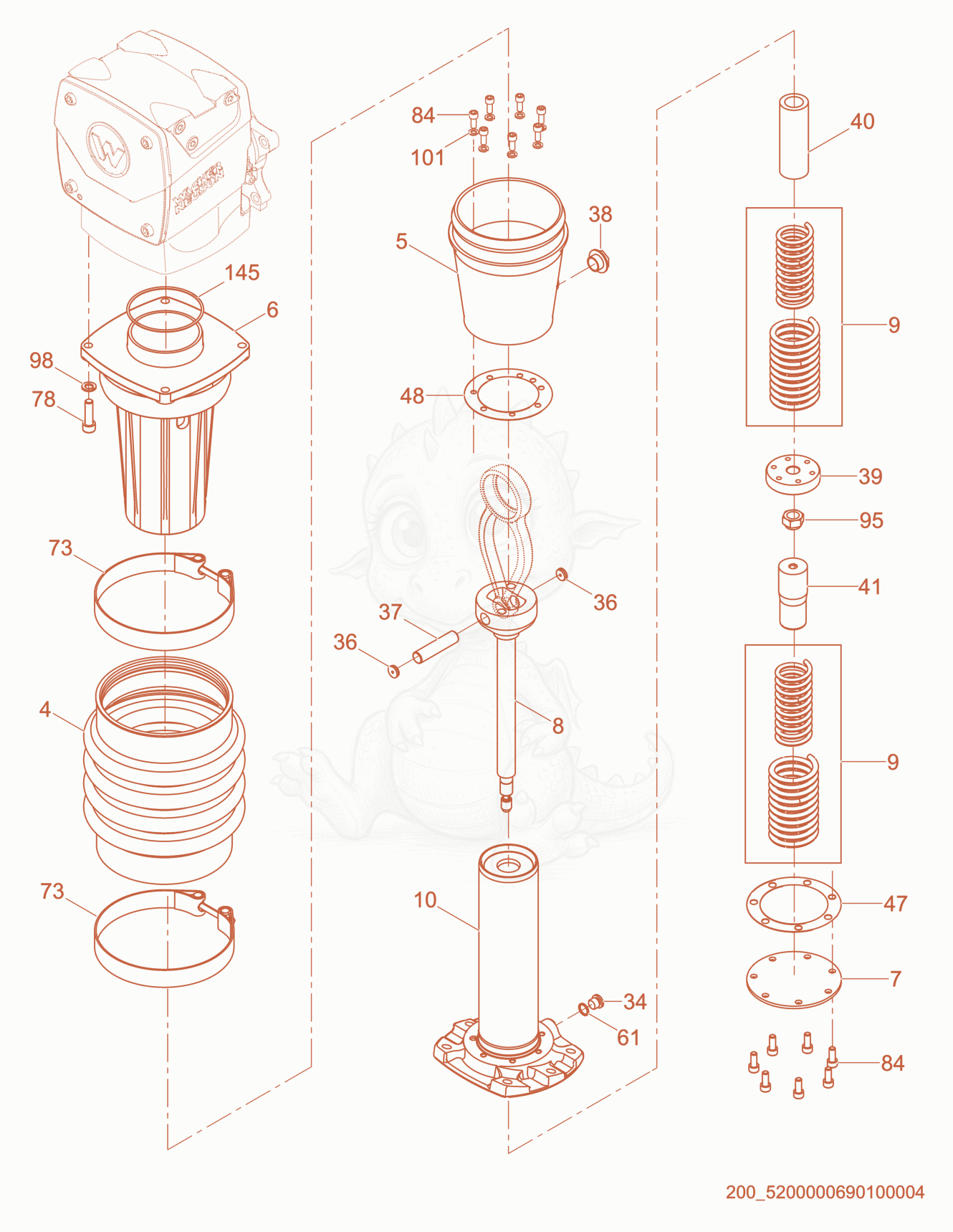 Exploded parts diagram of the Guide Cylinder cpl. of a Wacker Neuson BS60-2I, with numbered balloons