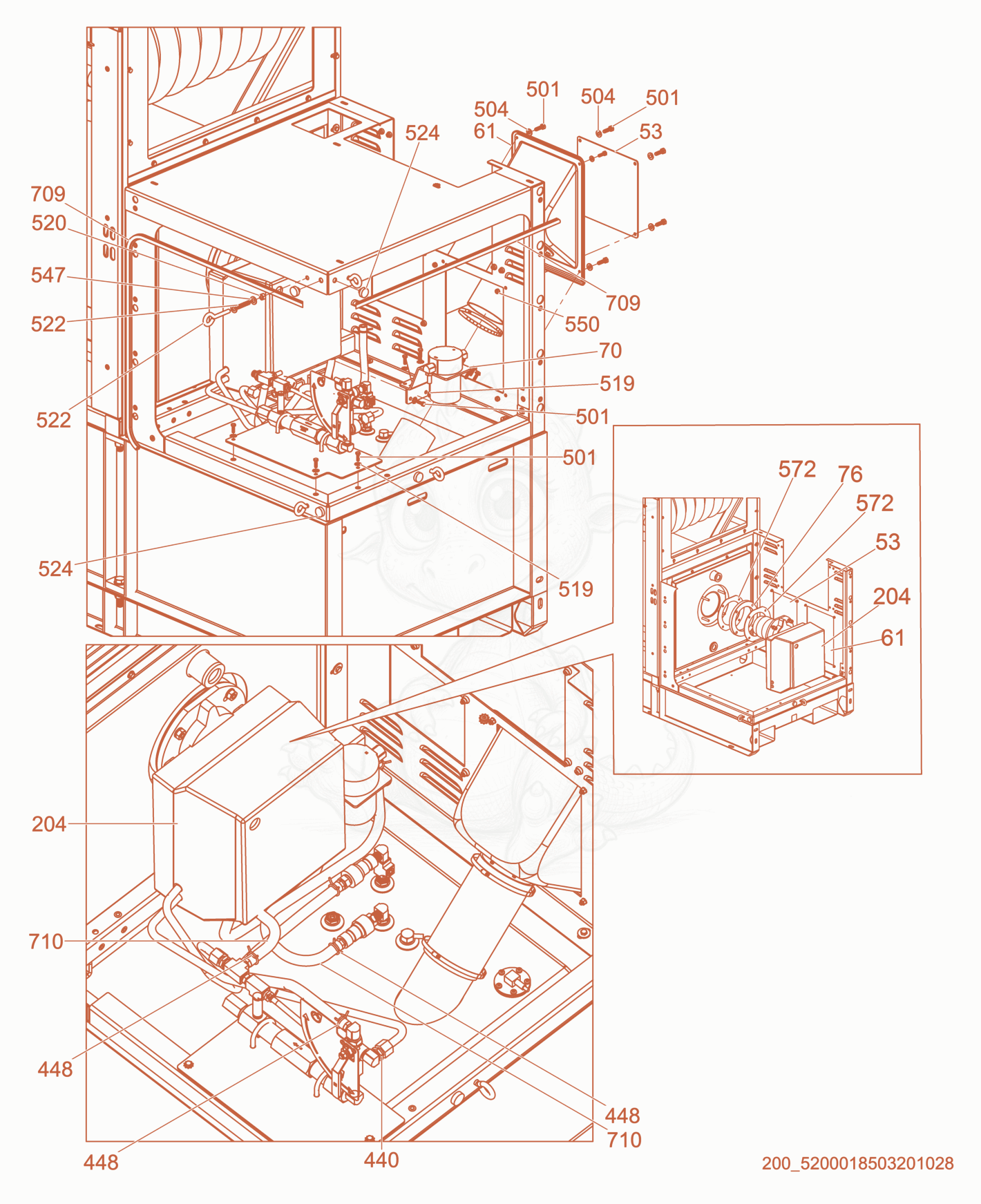 Exploded parts diagram of the Burner/Gasket of a Wacker Neuson HI260, with numbered balloons