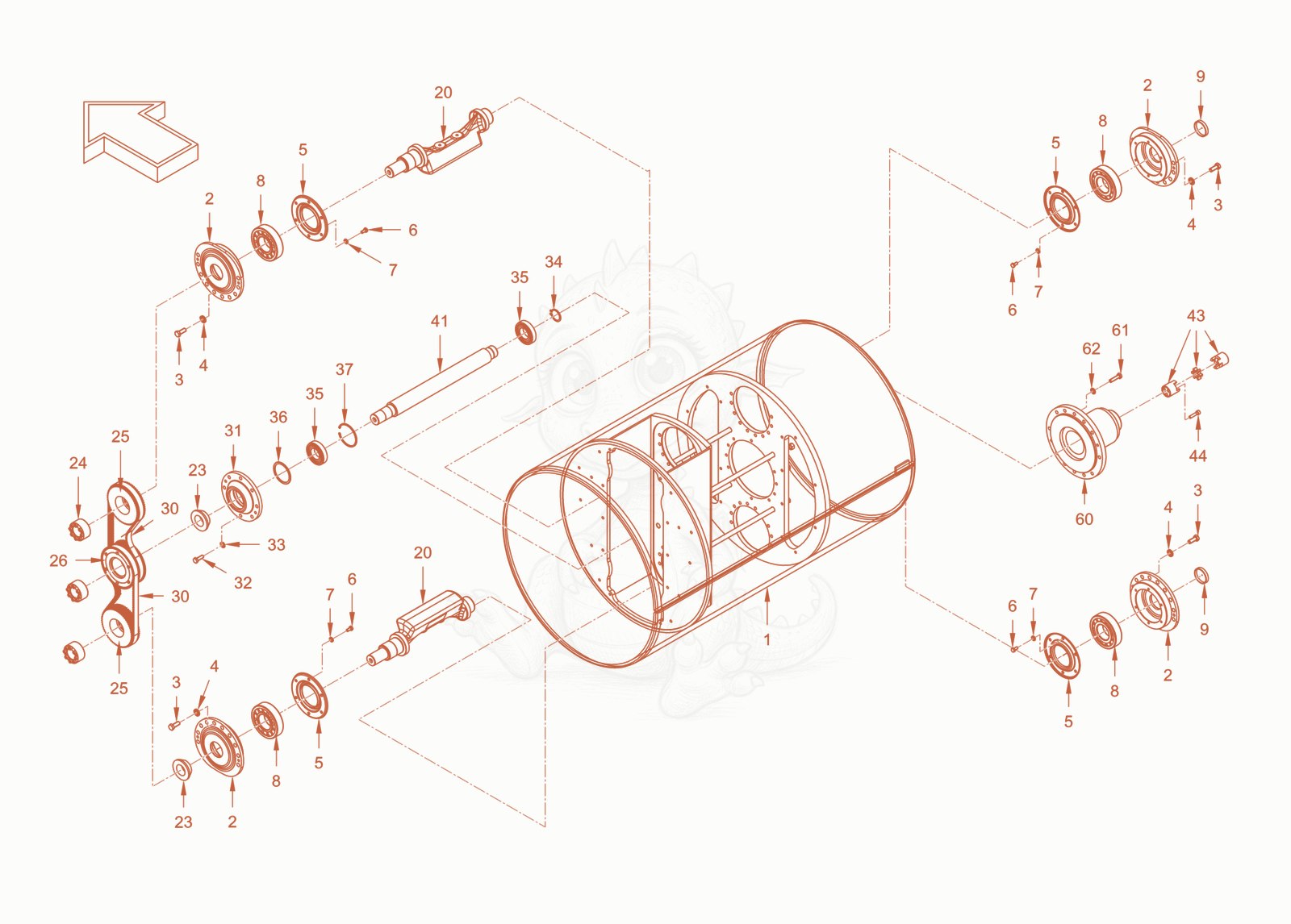 Exploded parts diagram of the roller drum with oscillator of a Wacker Neuson RD28-120O, with numbered balloons
