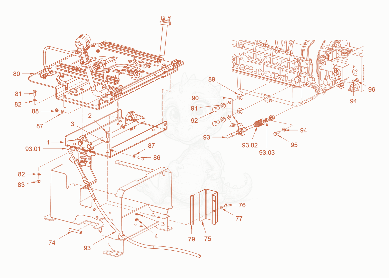 Exploded parts diagram of the drive shifting of a Wacker Neuson RD45-140.3, with numbered balloons