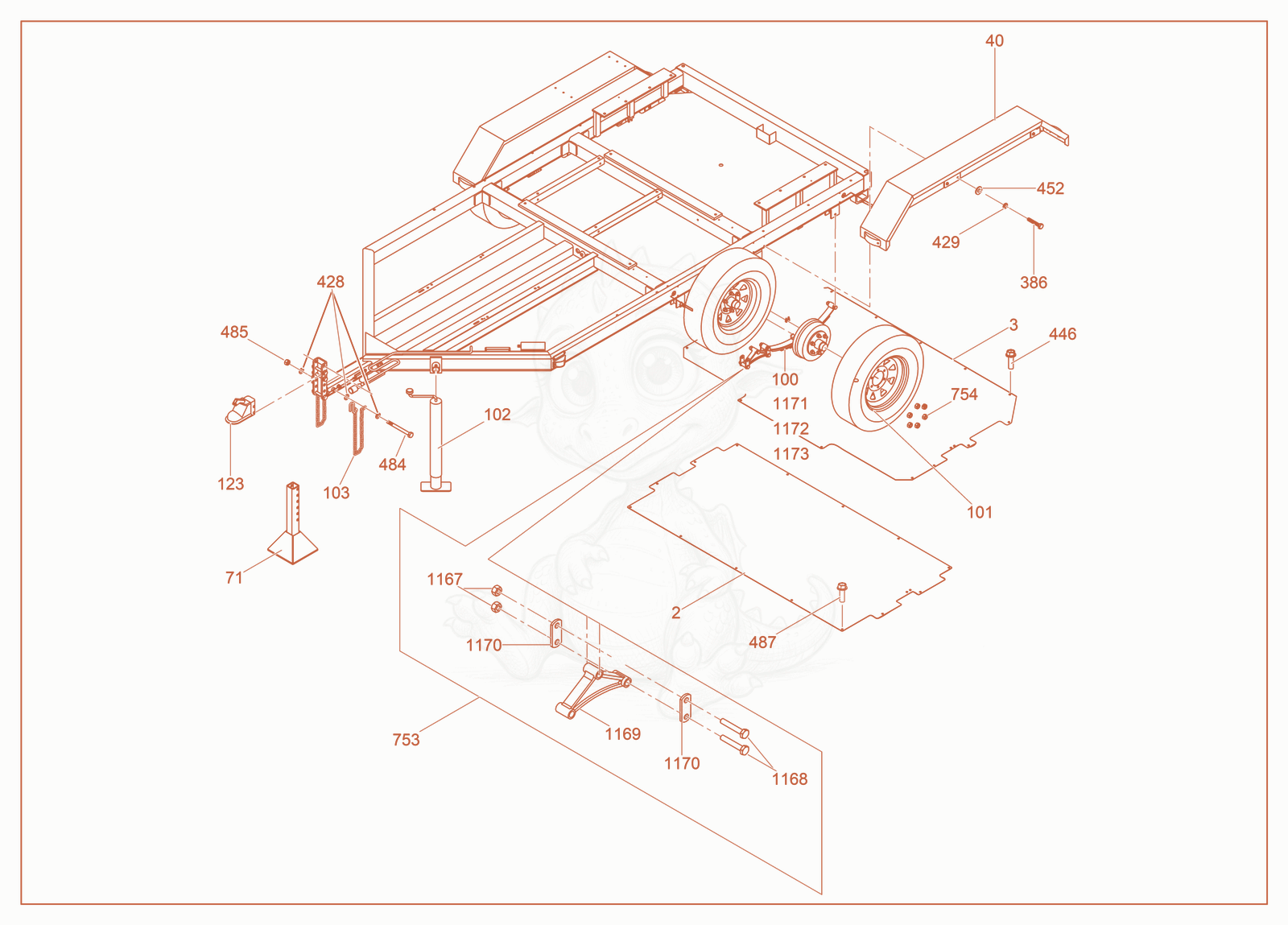 Exploded parts diagram of the Trailer cpl. of a Wacker Neuson E3000, with numbered balloons