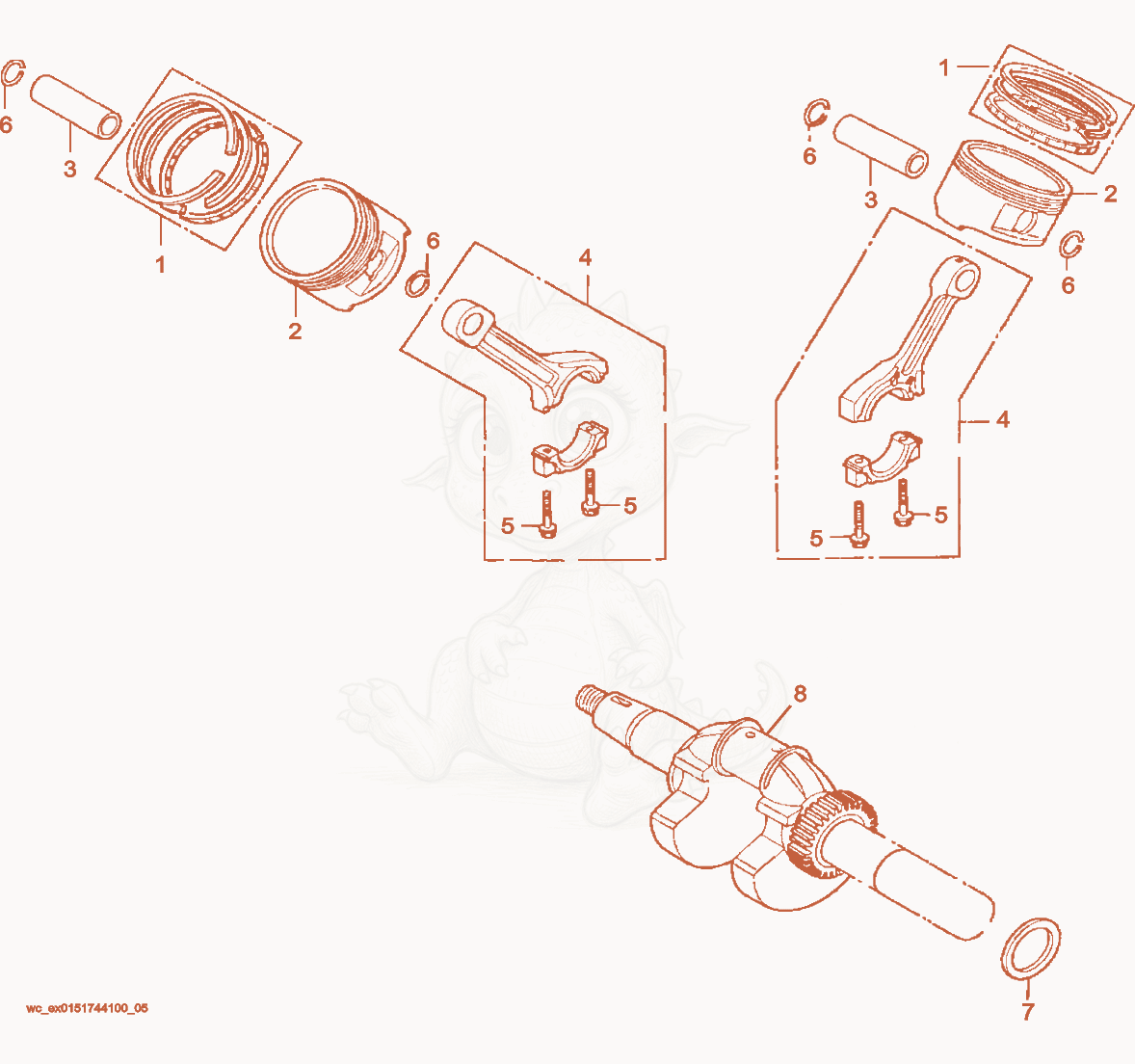 Exploded parts diagram of the Piston/Crankshaft of a Wacker Neuson CRT36-24A, with numbered balloons