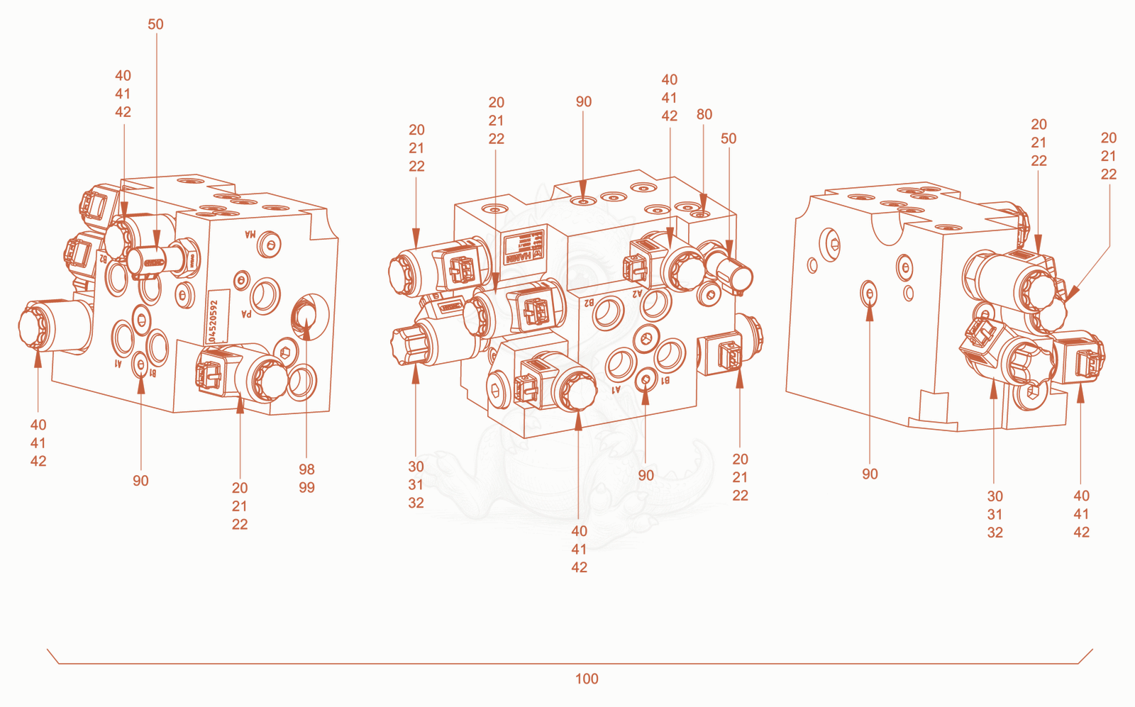 Exploded parts diagram of the valve block of a Wacker Neuson RD45-140, with numbered balloons