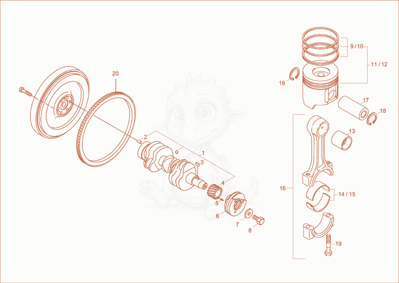 Despiece del crankshaft, piston de una máquina Wacker Neuson ET35, con globos numerados