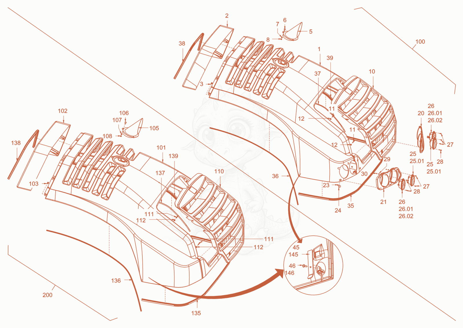 Exploded parts diagram of the canopies and covers of a Wacker Neuson RC110USROPS, with numbered balloons