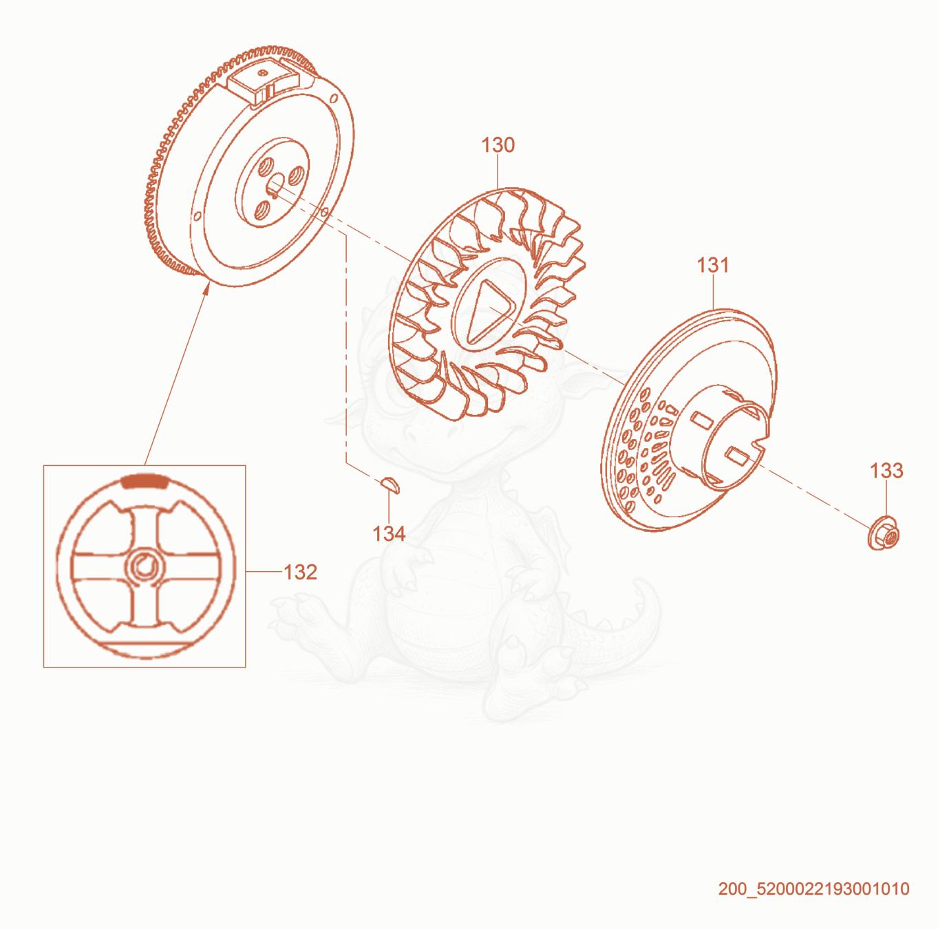 Exploded parts diagram of the Flywheel cpl. of a Wacker Neuson RD7A, with numbered balloons